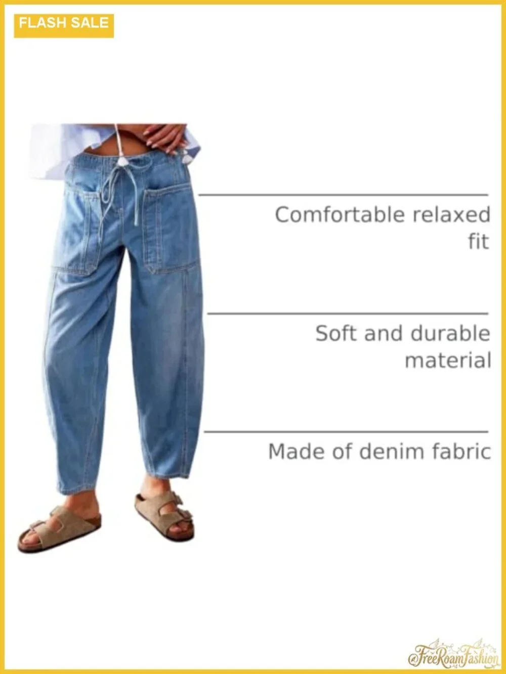 Women's Wide Leg Cropped Jeans Elastic Waist Drawstring High Rise Denim Pants